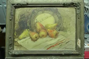 Tablou Natura Moarta - Fructe - Aurelia Ananescu - Ulei Carton Rama epoca 60 pe 40 cm 