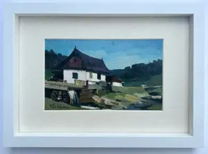 Toader Schipor Tablou Peisaj Bucovinean cu Moară de Apă, Pictura în ulei, inramat 23x33cm
