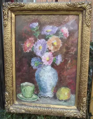 Ulei pe carton Vaza cu flori Natura Moarta Rama cu sticla - M. Barca