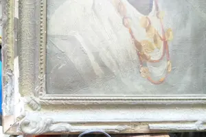 Tablou Tanara Tiganca cu Batic si Salba de Aur La Gat Portret Ulei - imagine 3