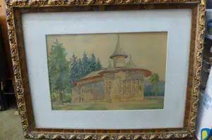 Manastirea Voronet - D.Martinas Acuarela cu Rama si sticla Pictura 70 50cm