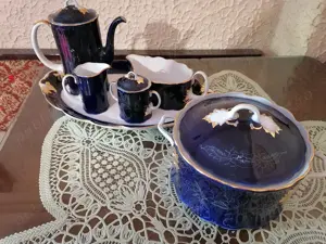 Serviciu de masă porțelan, cobalt, aur, 6 piese, made in RSR vintage