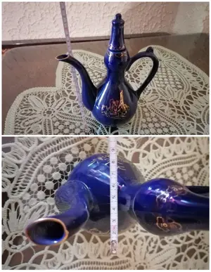 Serviciu ceai soju sake porțelan, cobalt, aur, 8 piese, made in Coreea - imagine 3