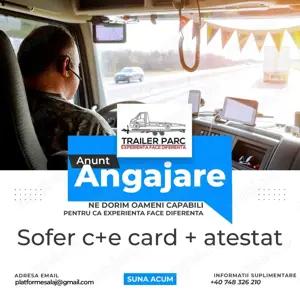 Firma Trailer Parc angajează sofer profesionist cu categoriile C+E+atestate +card