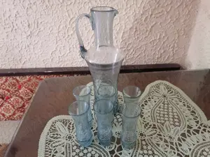 Set carafă + 6 pahare din sticlă gri cu model made in RSR vintage