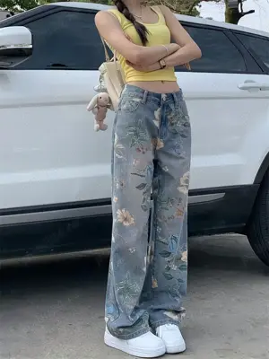 Blugi NOI- XL, de damă din denim, drepti, cu imprimeu floral