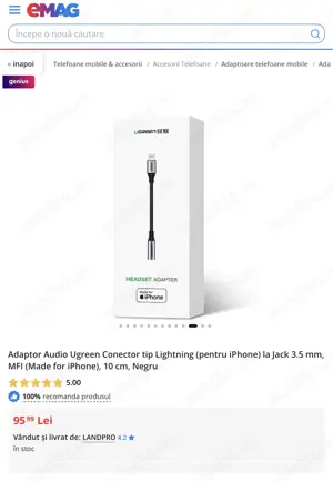 UGREEN adaptor audio Lightning la Jack 3.5 mm - MFI (Made for iPhone) - 10 cm - negru - Apple - imagine 4