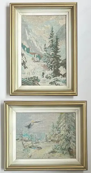 Set 2 Tablouri Goblen anii 80 Peisaje de Iarnă cusute manual pas mic înrămate 32x38cm