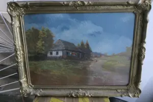 Peisaj de tara cu casa   Peisaj de iarna Ulei pe Carton 70 50cm Semnat Rama lemn Sticla