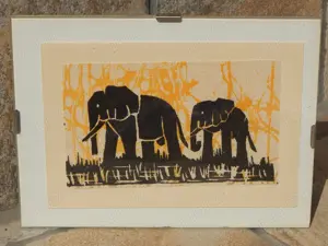 Tablou elefanti savana textil protectie sticla 18x13cm