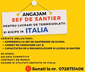 Angajam sef de santier  sef de echipa pentru lucrari de finisaje in ITALIA