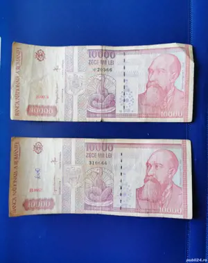 Lot 2 bancnote 10.000 lei (1994) serie B, numere cu tripluri 666 și 566