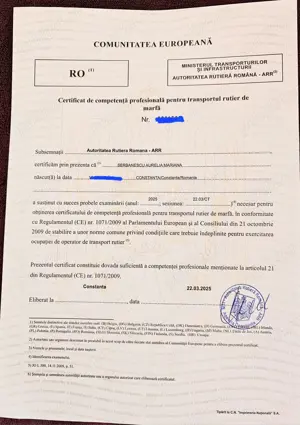 Persoana detine Certificat de Competenta Profesionala (Manager Transport Marfa)