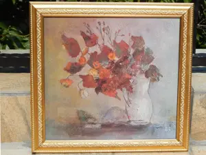 Tablou pictura pastel vaza cu flori 34 X 32.5 cm Viorel Lazarescu