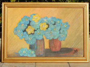 Tablou pictura panza pastel vaze cu flori albastre si galbene 47 x 32