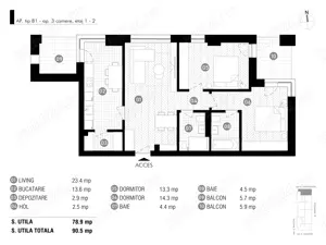Antracit Coanda - ap 3 cam, spatios, 90,5 mp total utili