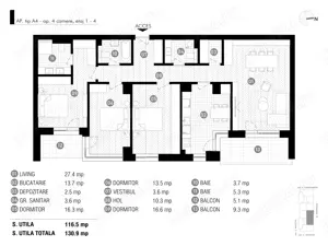 Antracit Coanda - Ap 4 camere, 3 bai, depozitare - 130,9 mp total utili - imagine 5