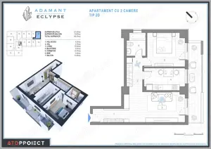 ADAMANT ECLYPSE, 2 camere decomandat, tip 2D, 68.2mp