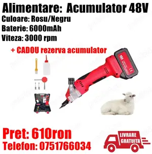 Masina Aparat Tuns Oi Capre Caini Trusa Profesionala Electrica 2 X Acumulatori 48V 6000mAh + LIVRARE