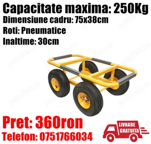 Carucior Metalic Platforma Suport Transport Marfa Colete Cutii Butoi Bidoane 250kg + LIVRARE GRATUIT