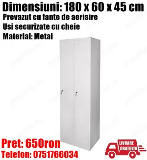 Dulap Fiset Dublu Vestiar Cabinet Depozitare Organizator Metalic Usi Securizate Gri 180x60x45 cm + L