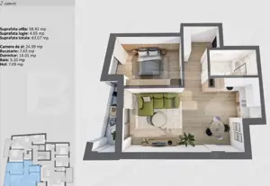 Apartament cu 2 camere, 58.42 mp, cu logie și finisaje premium, ultracentral