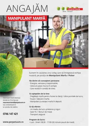 AX PERPETUUM IMPEX SRL  angajeaza Manipulant marfa in Cluj-Napoca