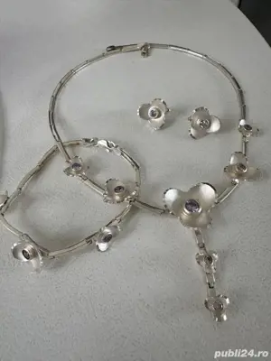 set argint 925, colier, bratara si cercei model floral  - imagine 4