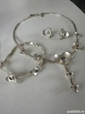 set argint 925, colier, bratara si cercei model floral  - imagine 5