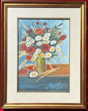 Tablou 1978 Natură statică cu Flori de Câmp, pictura in acuarele, înrămat rama lemn 40x50cm