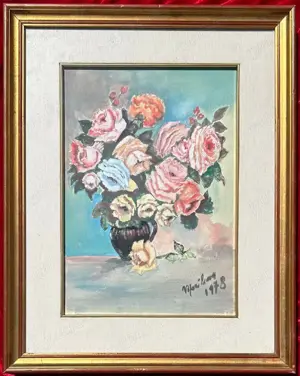Tablou 1978 Natură statică cu Flori Trandafiri pictura in acuarele, înrămat rama lemn 40x50cm