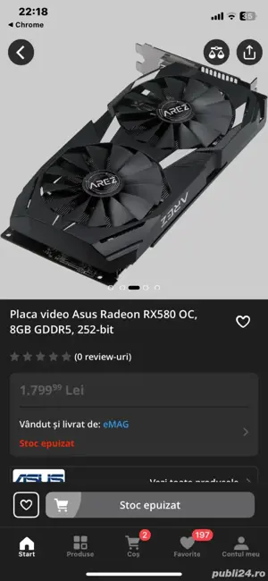 Vand Placa Video Asus 8 GB 256 - Biti RX 580 RADEON Pret 1200 lei 