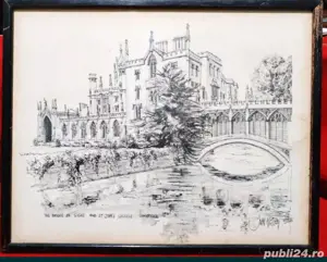 Litografie Cambridge de epocă, semnată 