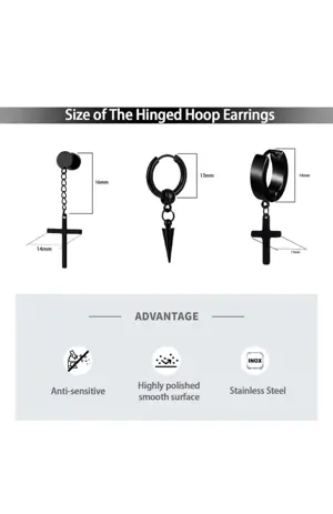  Cercei pentru barbati, Otel inoxidabil, Negru - imagine 4