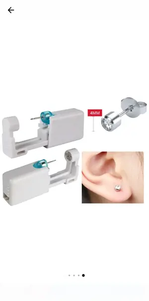 Dispozitiv pentru dat gauri in urechi cu cercel atraumatic otel medicinal argintiu cu stras alb