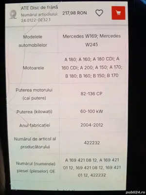Discuri de frana Mercedes  A Klasse B Klasse ATE 24.0122-0232 puntea fata   , mercedes w169 , w245  - imagine 5