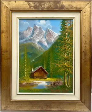 Tablou Peisaj Montan cu Cabana, Pictura în ulei pe pânză Certificat Autenticitate, rama lemn 48x58 