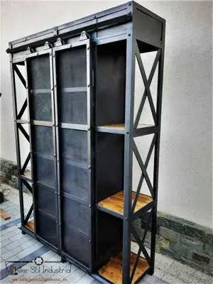 Raft fier stil industrial cu usi glisante plasa, tip vitrina - imagine 3