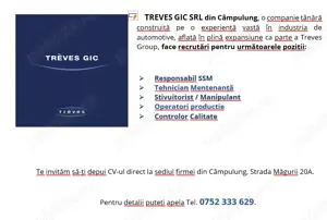 Angajare in industria auto: Mentenanta, Logistica, Calitate, Productie