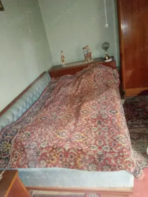 Pat cu arcuri si tapiserie si cu lada din lemn