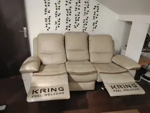 Canapea Kring Royal 3 locuri, 2 reclinere, piele naturala, Bej, 220 x 98 x 100  cm