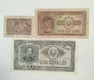 Bancnote 1 leu 1938 Carol ll (RARĂ); 10 lei 1952; 100 lei 1952 RPR 
