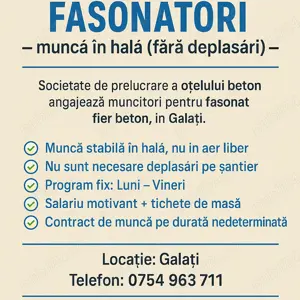 Angajăm muncitori fasonatori   muncă în hală (fără deplasări)   Galați