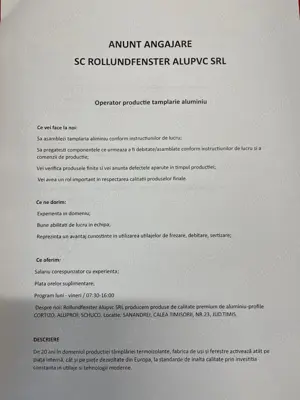 Angajam operator tamplarie aluminiu