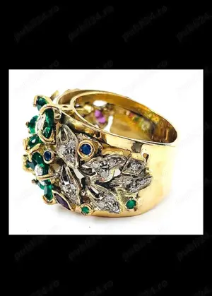 Inel monumental aur 9K cu smaralde, diamante, rubine si safire - imagine 2