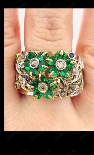 Inel monumental aur 9K cu smaralde, diamante, rubine si safire - imagine 5