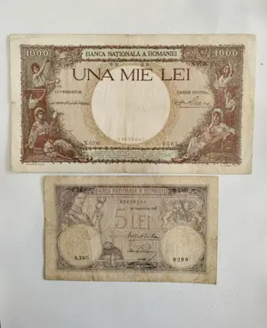 Bancnote 1000 lei 1938 (RARĂ) Carol ll; 5 lei 1928 Ferdinand l 