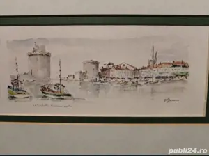Pictură franceză acuarelă Rochelle port semnată 