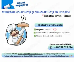 Angajam MUNCITORI Calificati si Necalificati - BRUTARIE, Izvin, Timis
