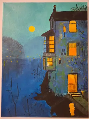 "Luna plina" - pictura in  culori acrilice, panza pe sasiu lemn; cadou - sevalet expunere